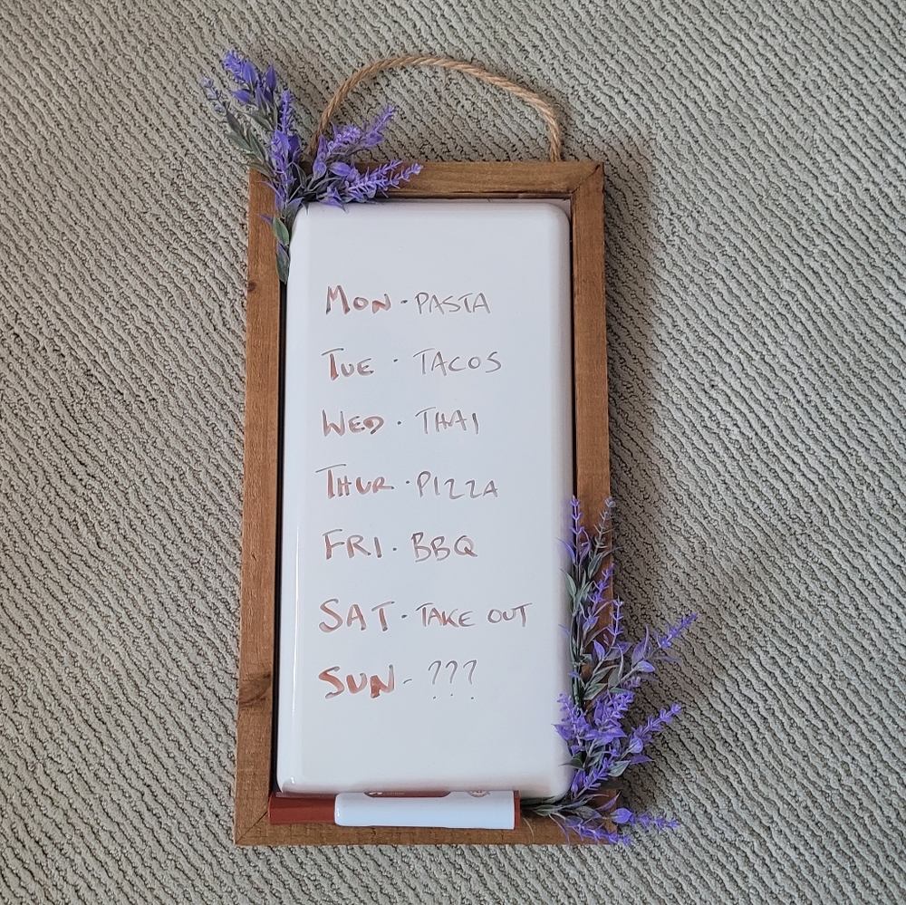 Wooden Framed Metal Whiteboard with Lavender Accents
